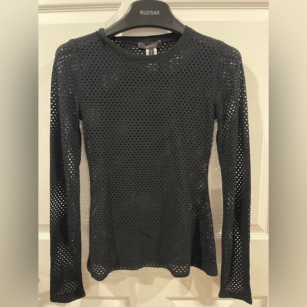 BCBG Black Mesh Long-Sleeve Crewneck Top fishnet seethrough sweater small